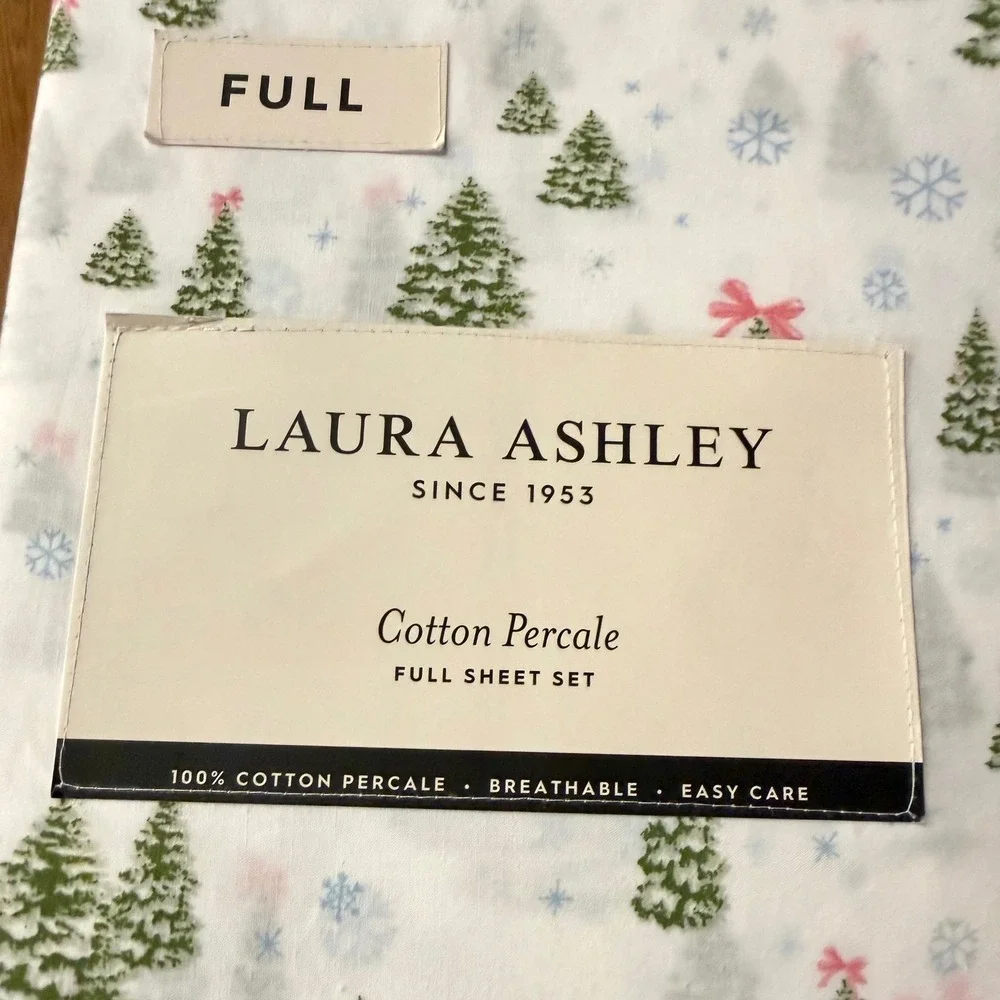 Laura Ashley Full Sheet Set White Green New Christmas Tree Percale Cotton 4pc